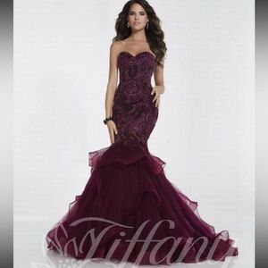 Tiffany Designs Strapless Plum Beaded Mermaid Gown